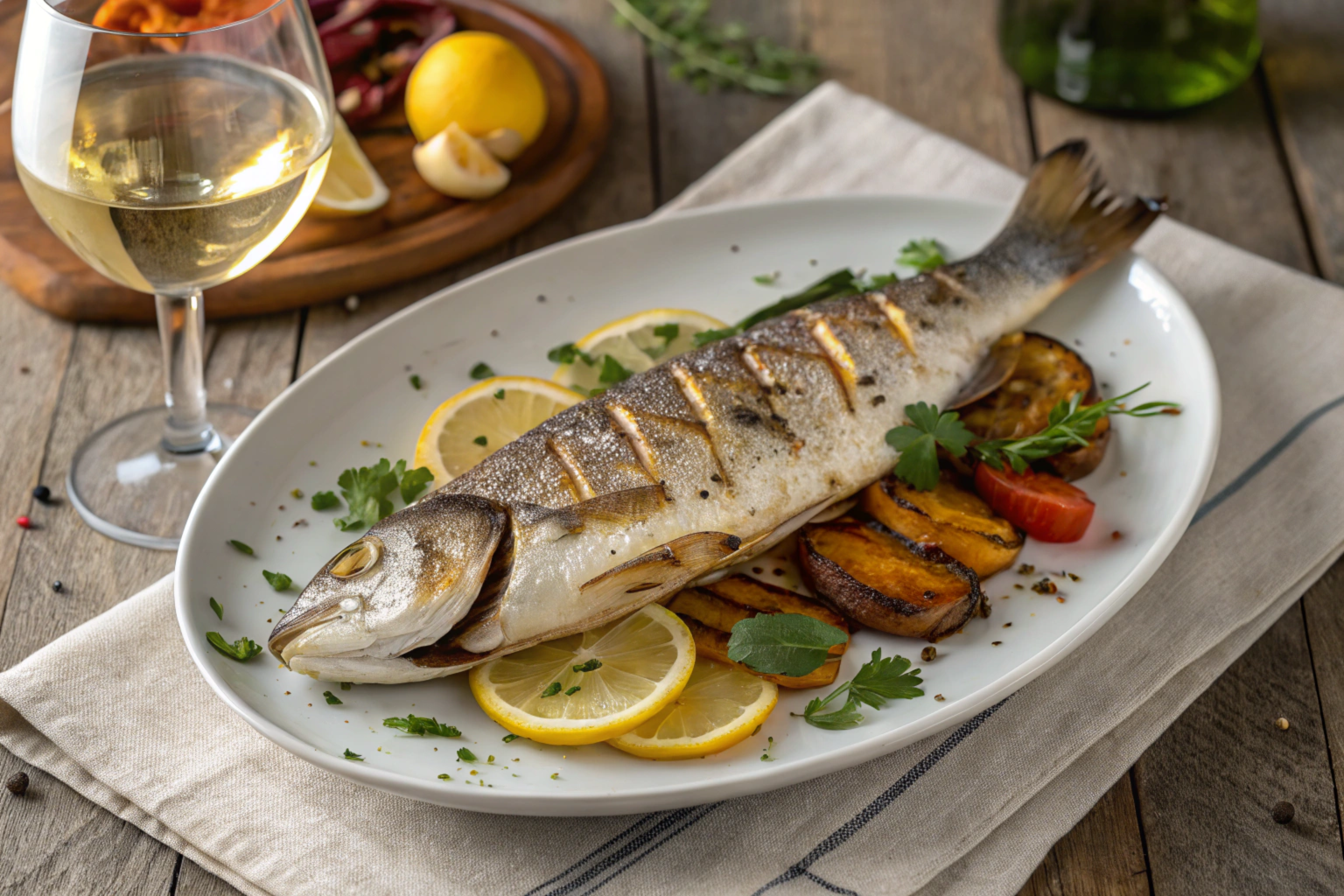 Grilled whole branzino with crispy golden skin, garnished with lemon and parsley, served with roasted vegetables.
