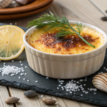 Gourmet crab brulee with a golden caramelized sugar crust, garnished with dill and lemon, served on a slate plate.