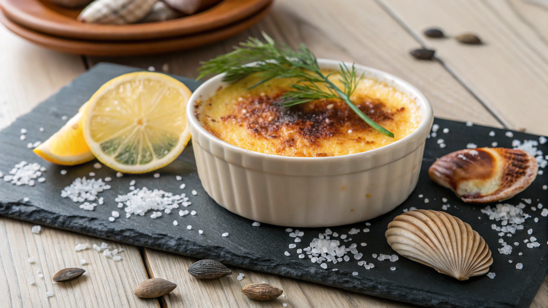 Gourmet crab brulee with a golden caramelized sugar crust, garnished with dill and lemon, served on a slate plate.