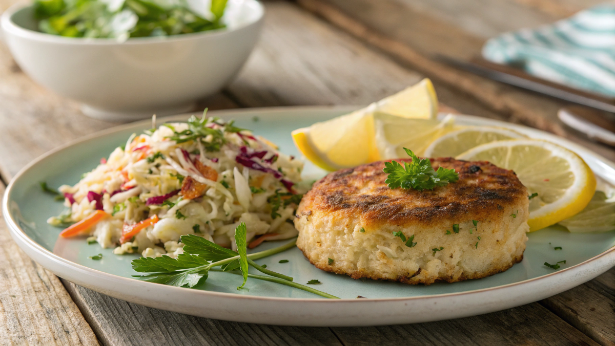 Golden gluten-free crab cake garnished with fresh herbs and lemon slices, served with vibrant coleslaw on a wooden plate