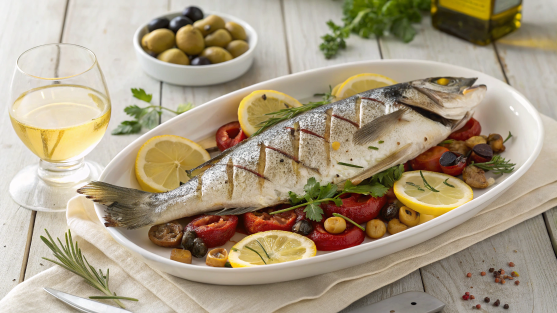 Whole grilled Branzino garnished with lemon and parsley on a white platter.