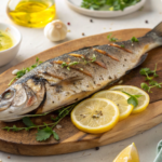 Is branzino high in mercury? Grilled whole branzino with oregano and lemon on a wooden platter.