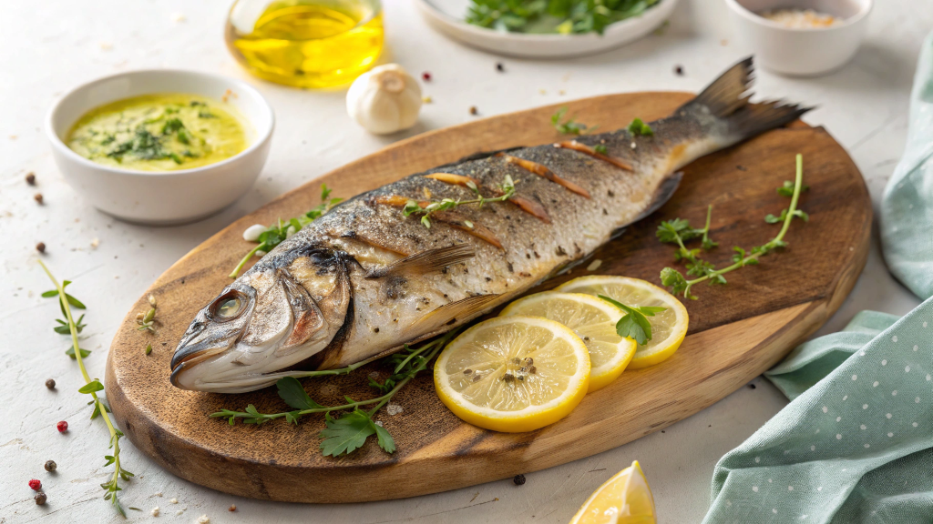 Is branzino high in mercury? Grilled whole branzino with oregano and lemon on a wooden platter.