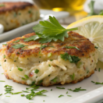 Close-up of a gluten-free crab cake garnished with parsley and lemon