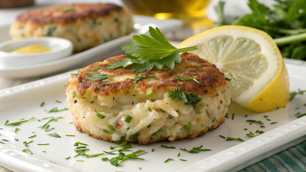 Close-up of a gluten-free crab cake garnished with parsley and lemon