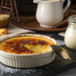 A close-up of a luxurious crème brûlée dessert with a golden caramelized sugar crust being gently cracked open, revealing creamy custard underneath. A jar of milk and a vintage cream pitcher sit artistically beside the dessert, symbolizing substitution ideas