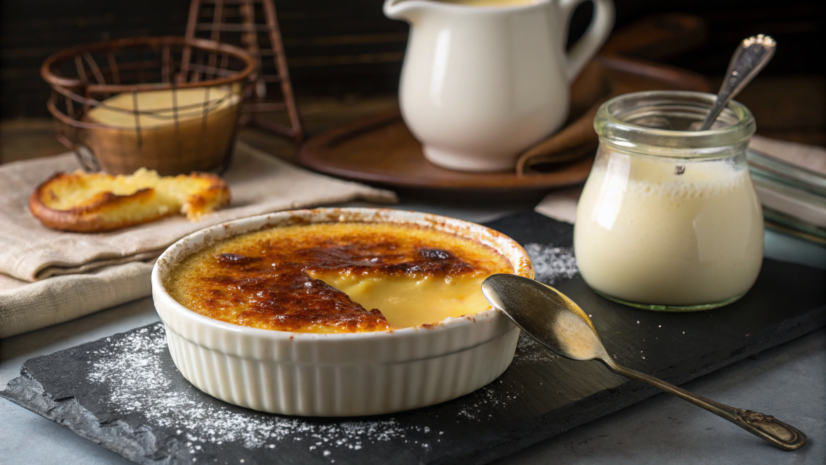 A close-up of a luxurious crème brûlée dessert with a golden caramelized sugar crust being gently cracked open, revealing creamy custard underneath. A jar of milk and a vintage cream pitcher sit artistically beside the dessert, symbolizing substitution ideas