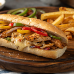 A delicious Philly-style chicken cheesesteak sandwich with grilled chicken, provolone cheese, sautéed peppers, onions, and a side of crispy fries