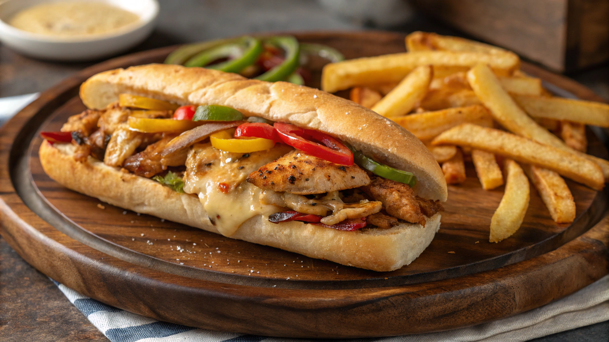 A delicious Philly-style chicken cheesesteak sandwich with grilled chicken, provolone cheese, sautéed peppers, onions, and a side of crispy fries