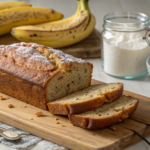 Golden-brown banana bread on a wooden board with ripe bananas and baking ingredients, styled for a rustic and inviting look