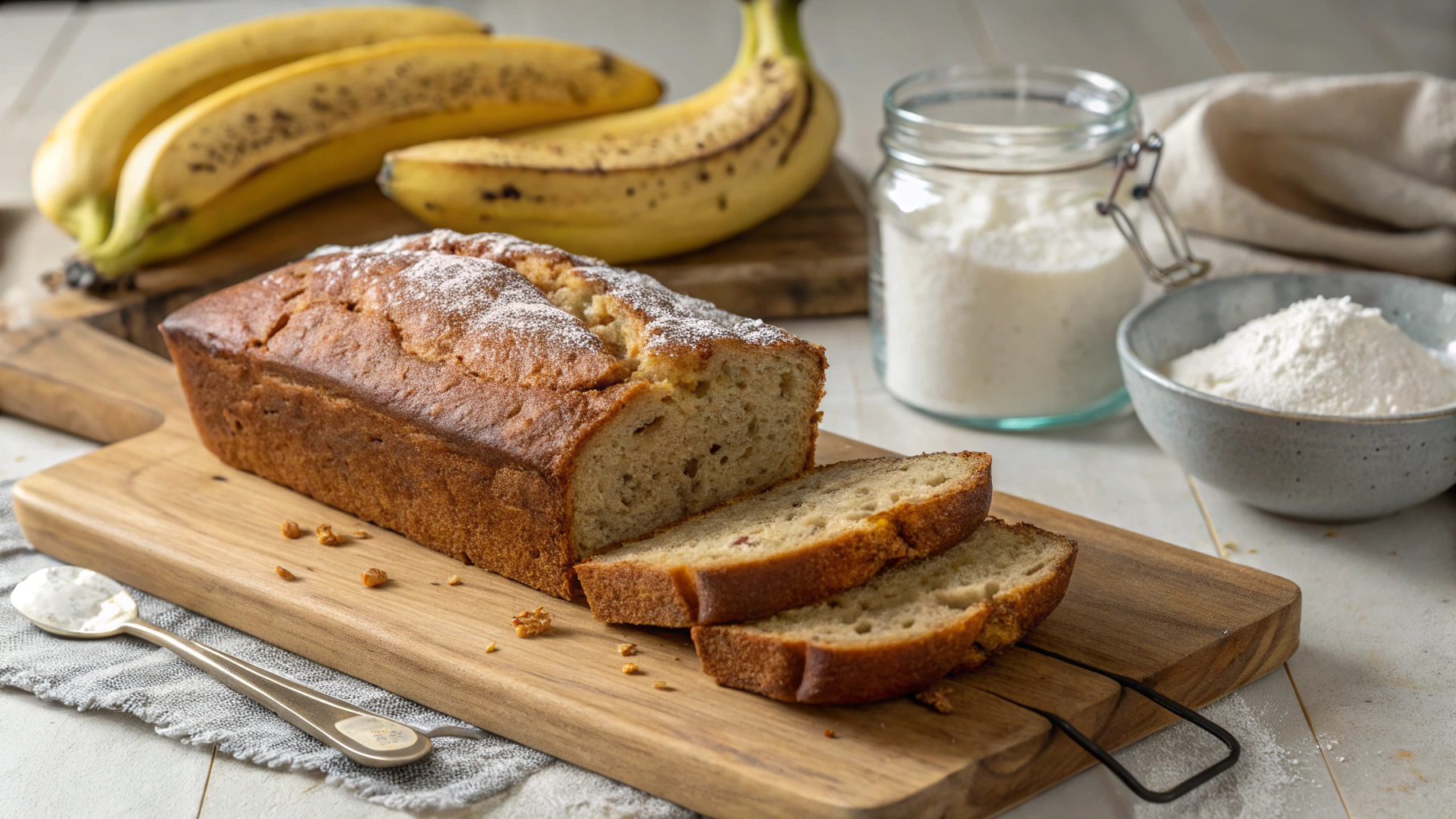 Golden-brown banana bread on a wooden board with ripe bananas and baking ingredients, styled for a rustic and inviting look