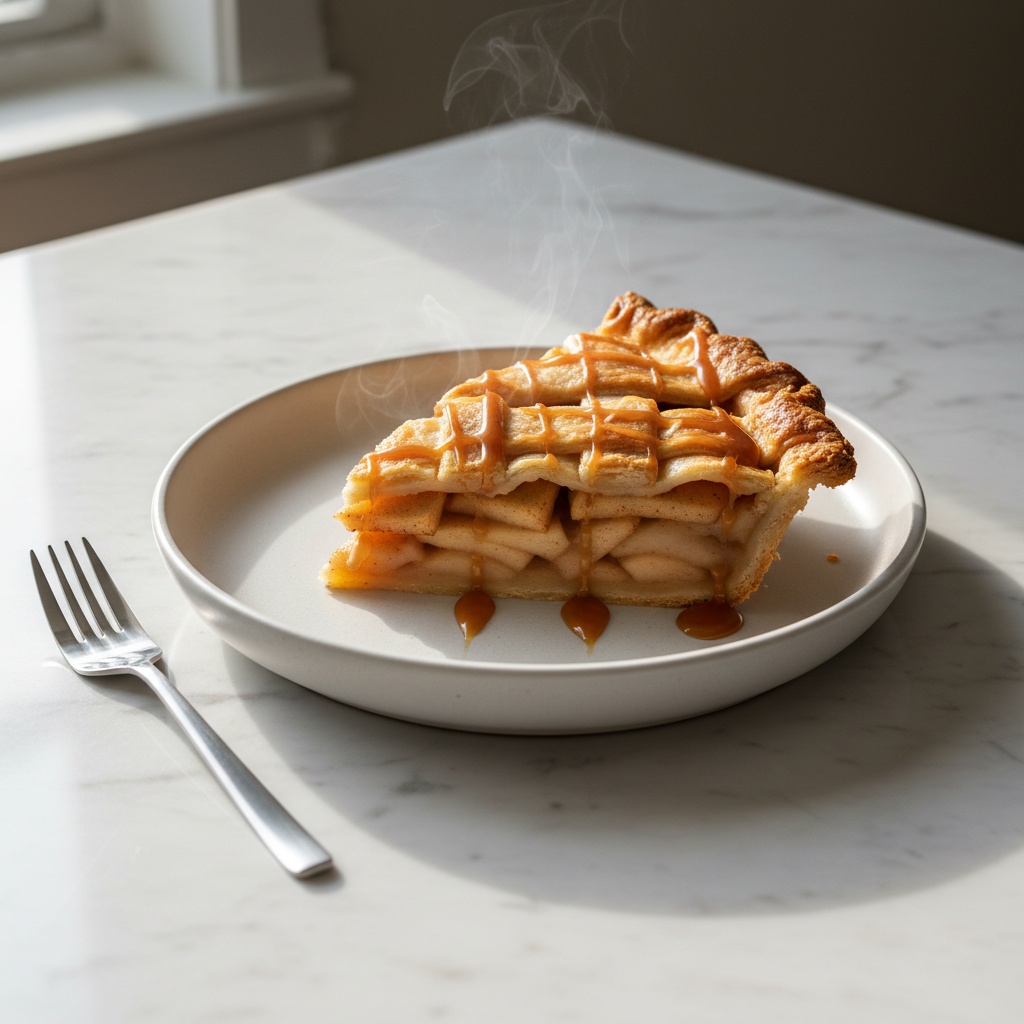 Warm slice of Apple Pie by Grandma Ople with caramel.