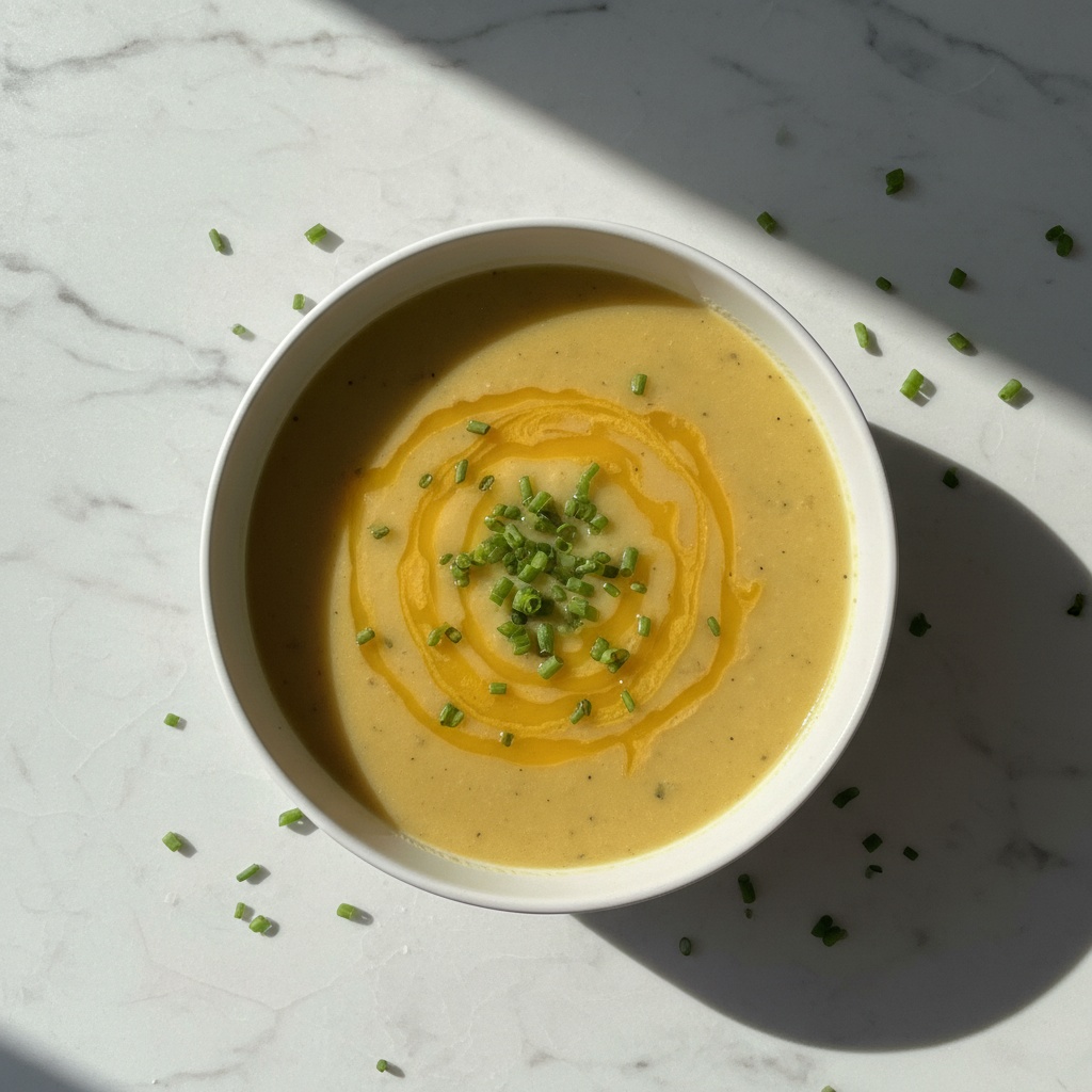Delicious Cheddar Garlic Herb Potato Soup overhead shot.