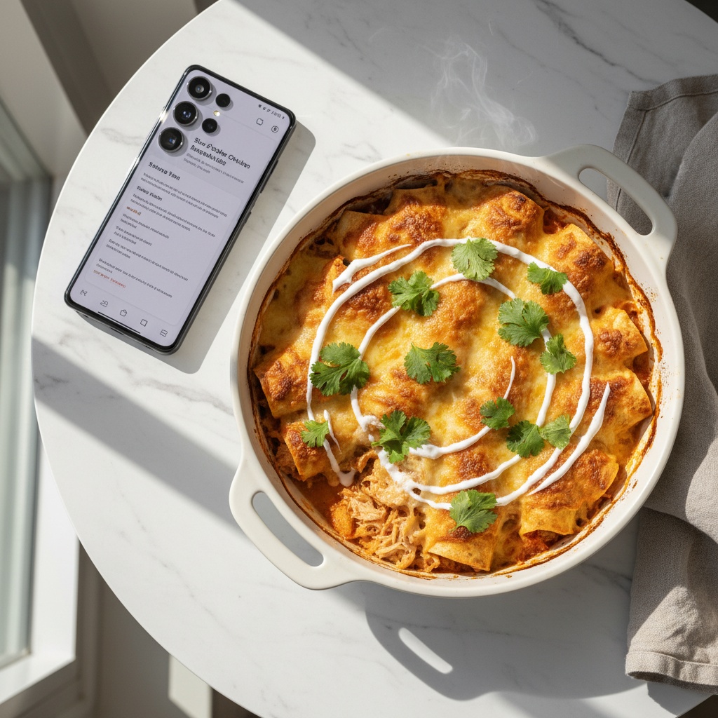 Delicious Slow Cooker Chicken Enchiladas baked to perfection