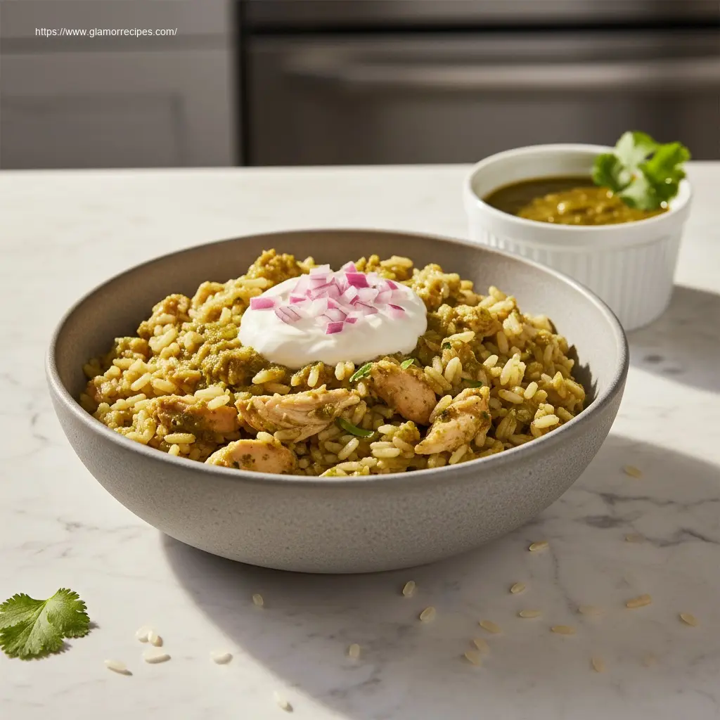Close-up of Salsa Verde Chicken & Rice Skillet in a bowl