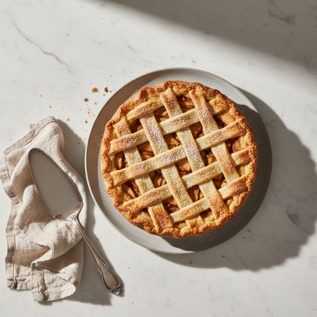 Delicious Classic Apple Pie Recipe, whole pie, flatlay on marble