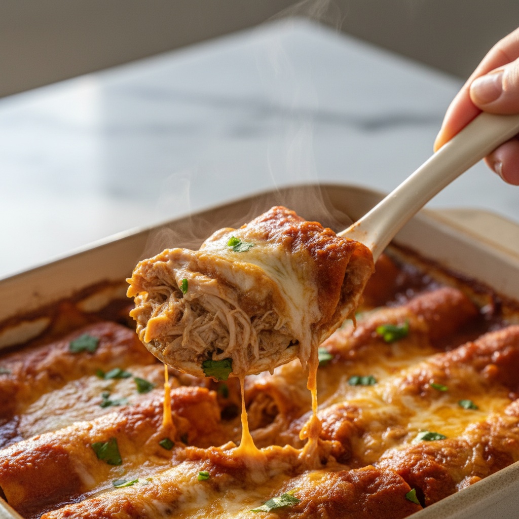 Best Slow Cooker Chicken Enchiladas Spoon scooping creamy slow cooker chicken enchiladas