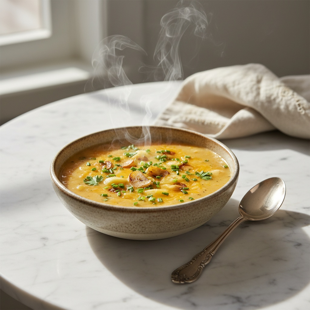 Steaming bowl of Cheddar Garlic Herb Potato Soup from a table view.