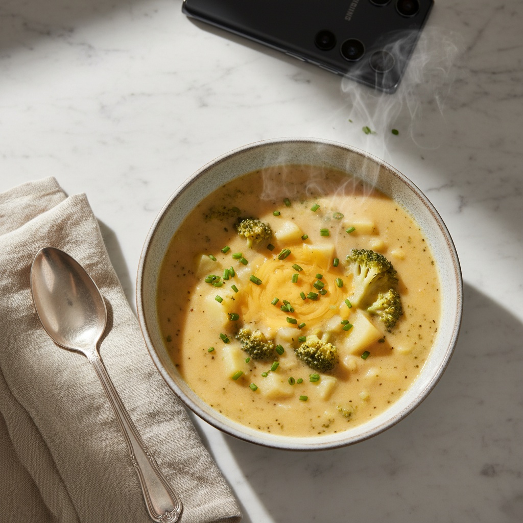 Delicious Crockpot Potato Broccoli Cheddar Soup overhead