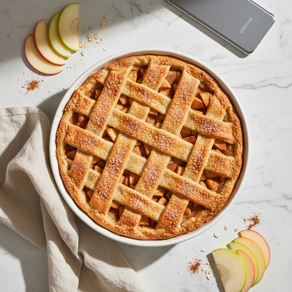 Delicious Dutch Apple Pie overhead, garnished with fresh apple slices.