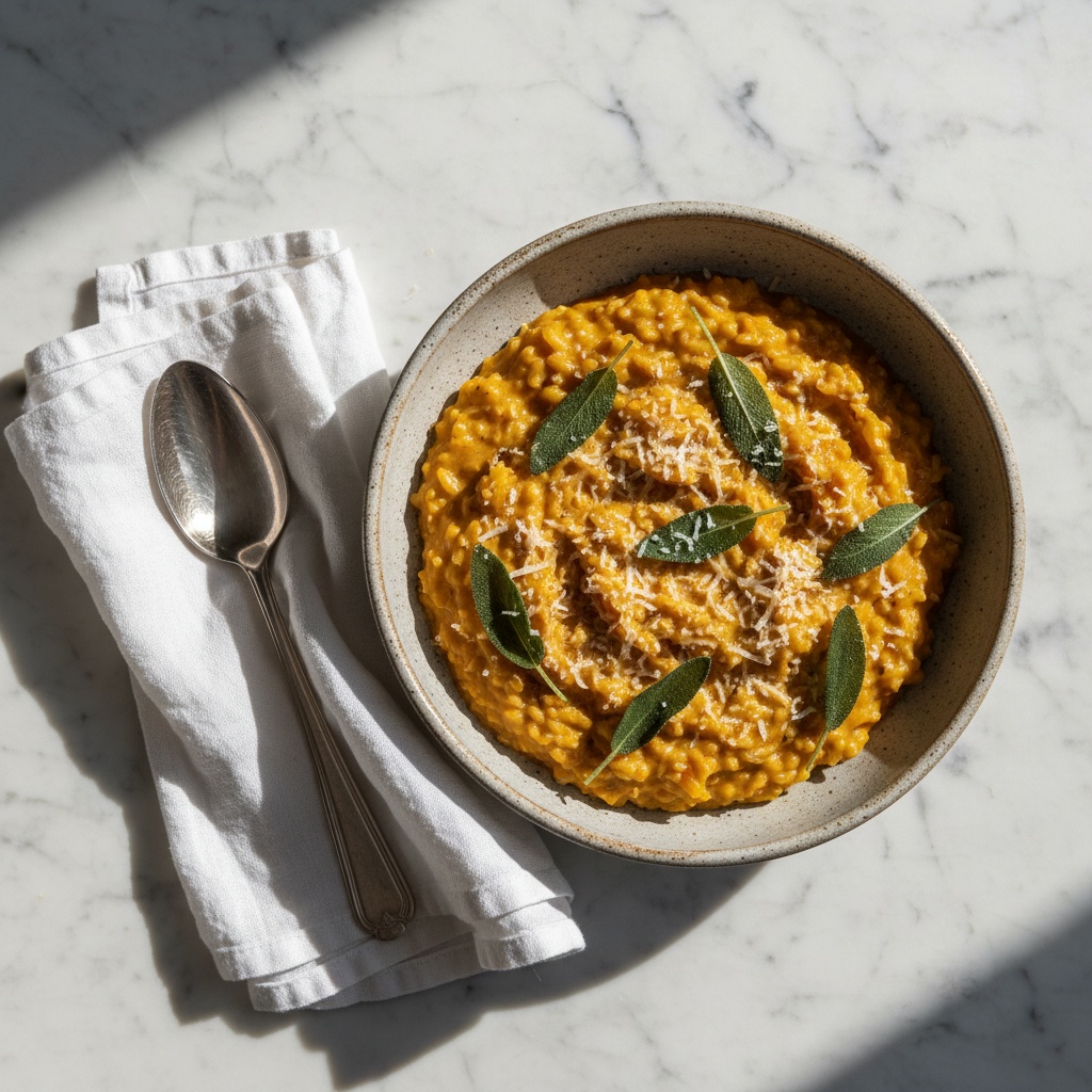 Delicious easy butternut squash risotto overhead view