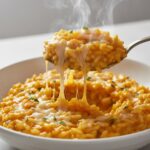 Close-up of a spoon lifting easy butternut squash risotto
