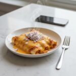 A single serving of slow cooker chicken enchiladas on a plate