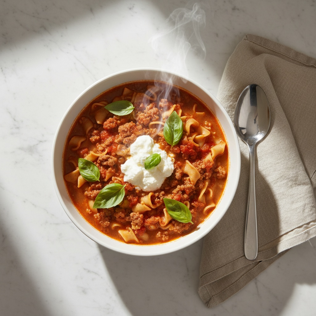 Delicious High Protein Lasagna Soup in a white bowl with basil.