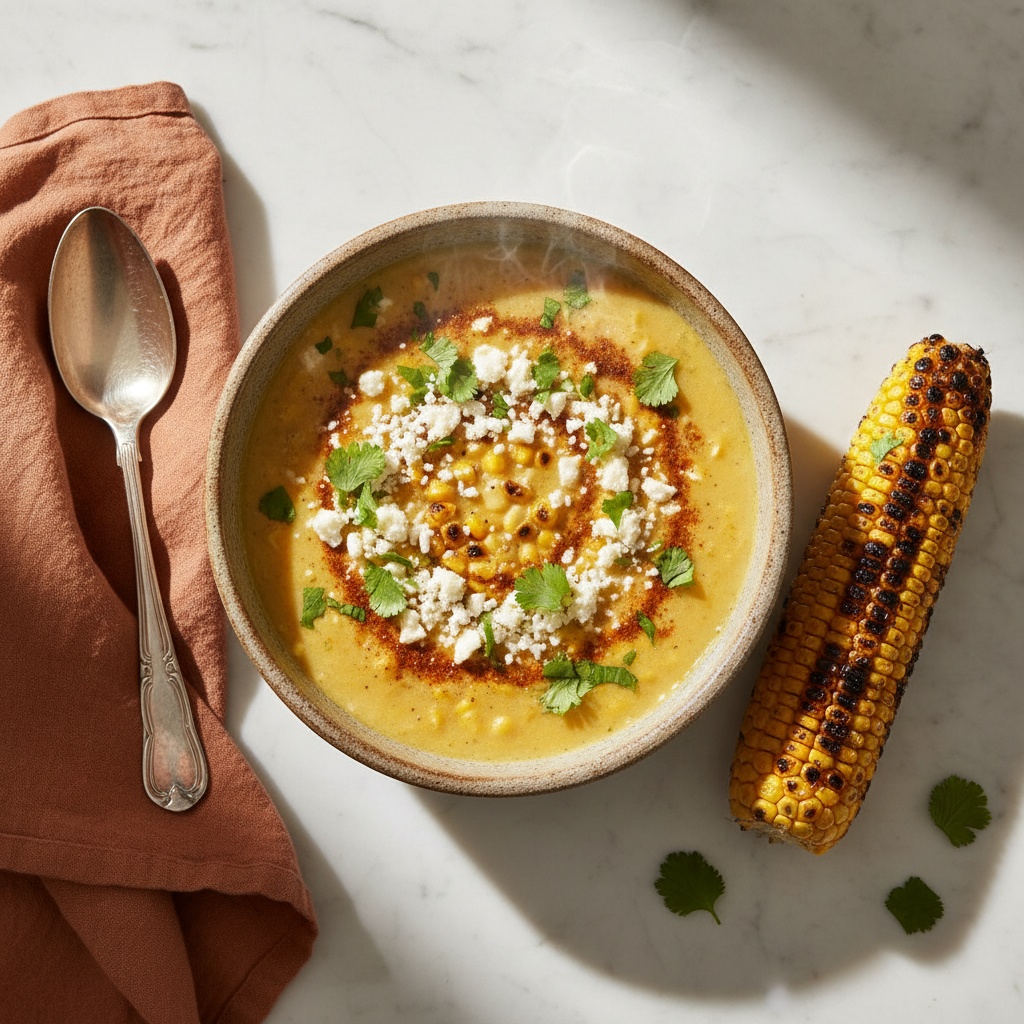Delicious Mexican Street Corn Soup flatlay on white marble