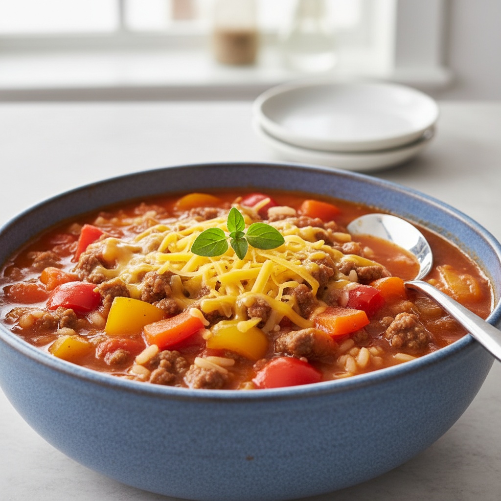 Vibrant High Protein Stuffed Pepper Soup with melting cheddar cheese.