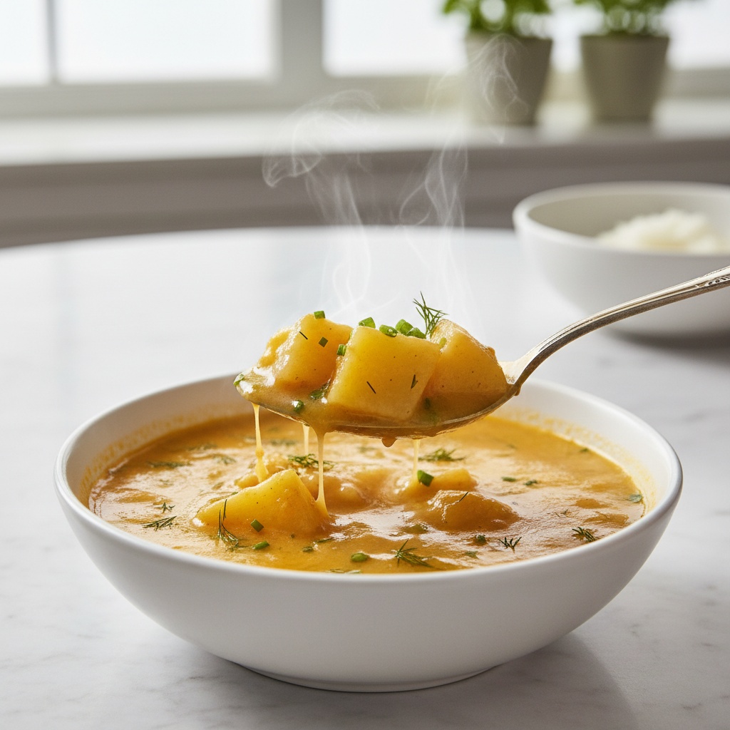 Spoon lifting creamy Cheddar Garlic Herb Potato Soup, close-up.