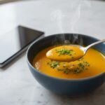 Spoon lifting creamy protein-packed butternut squash soup.