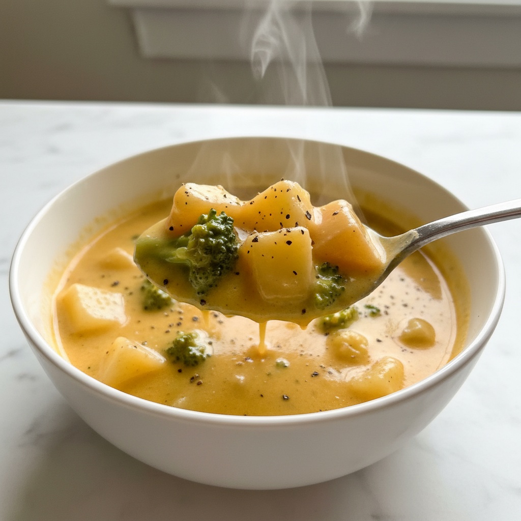 Creamy Crockpot Potato Broccoli Cheddar Soup Spoon Spoonful of Crockpot Potato Broccoli Cheddar Soup close up