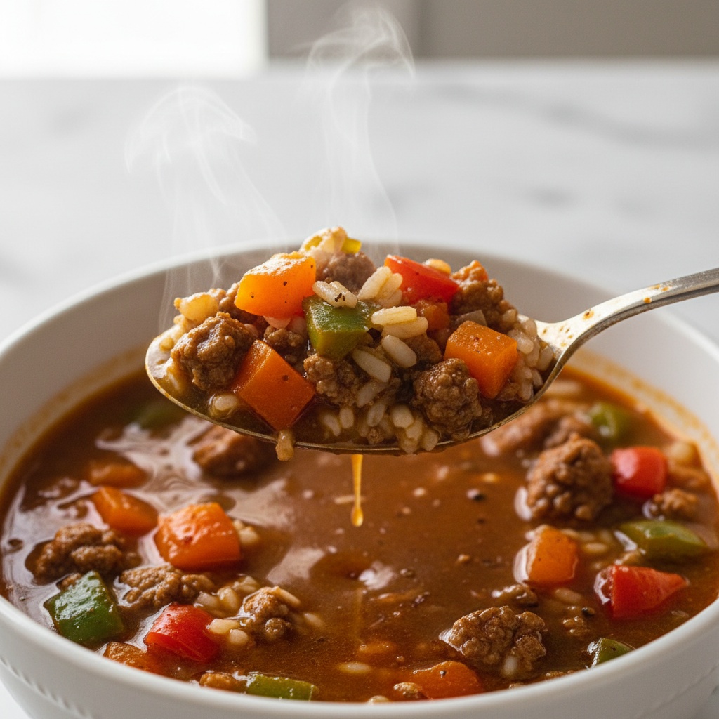 Spoon full of High Protein Stuffed Pepper Soup steaming.