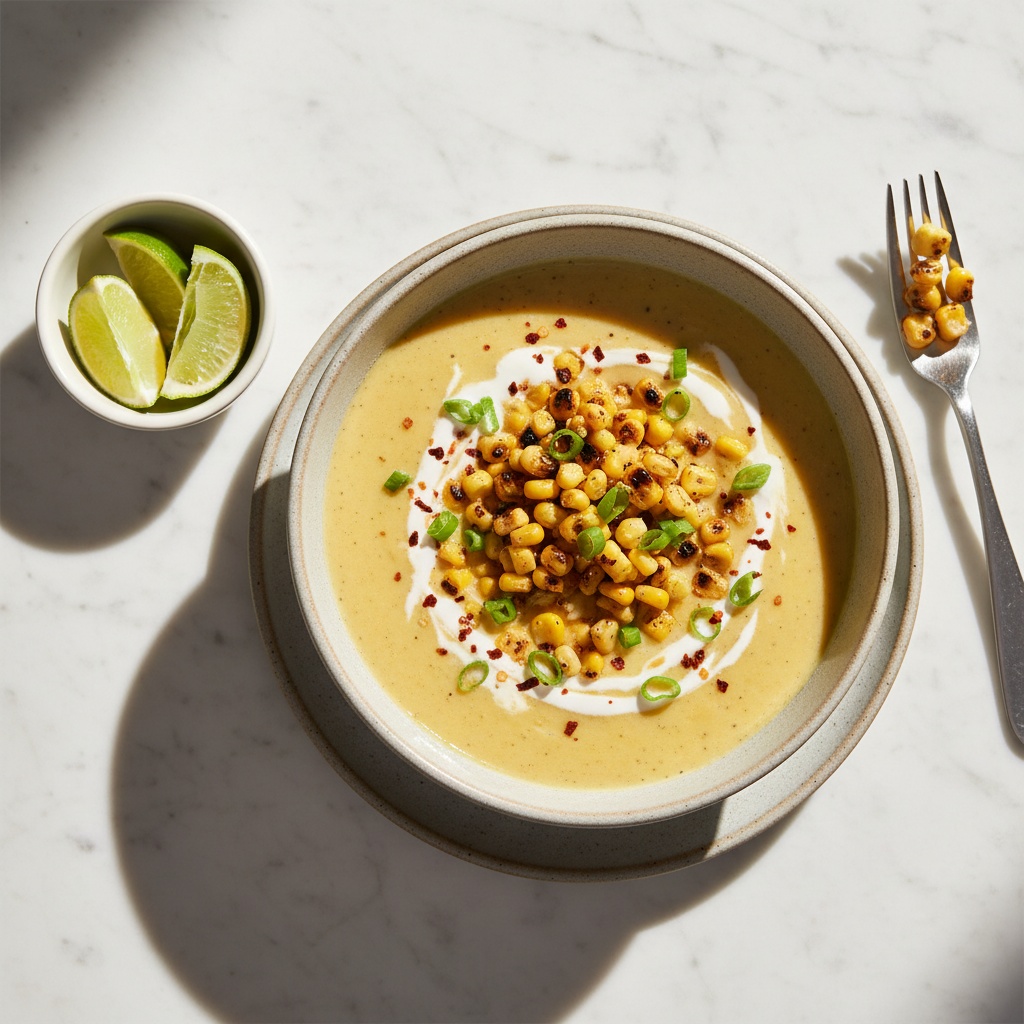 Mexican Street Corn Soup 45 Degree View Creamy Mexican Street Corn Soup served with lime