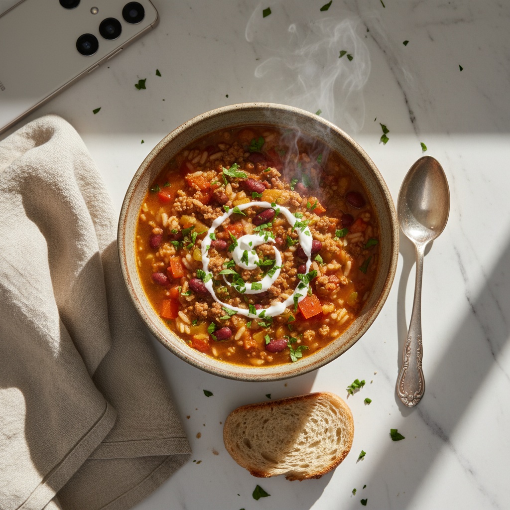 Delicious High Protein Stuffed Pepper Soup in a rustic ceramic bowl.