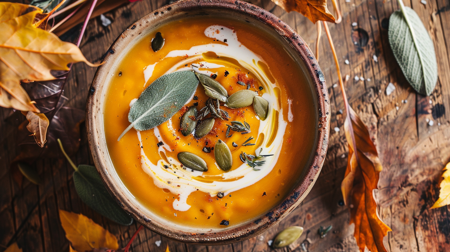 Protein-packed butternut squash soup with pumpkin seeds and sage leaves, surrounded by fall leaves on a rustic table.