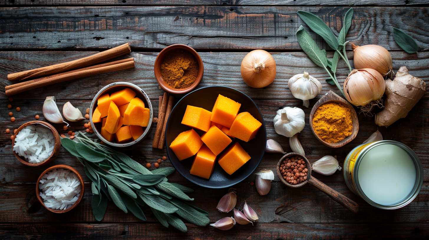 Fresh Ingredients for Protein-Packed Butternut Squash Soup Flat lay of butternut squash, onion, garlic, coconut milk, red lentils, and spices on a rustic wooden table.