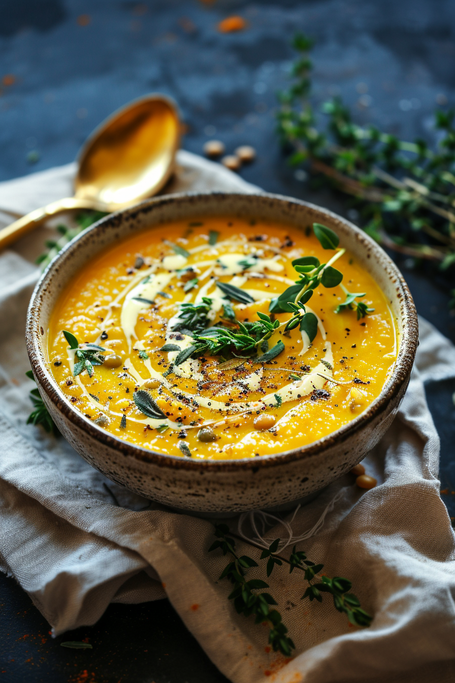 Protein-Packed Butternut Squash Soup with Herbs and Coconut Swirl Creamy butternut squash soup topped with coconut milk and fresh thyme, served in a rustic bowl with a golden spoon.