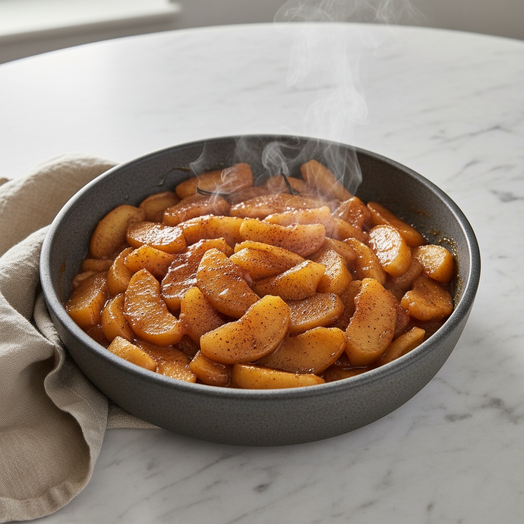 Warm Homemade Apple Pie Filling served in a stoneware dish.