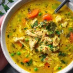 A bowl of anti-inflammatory turmeric chicken soup garnished with herbs