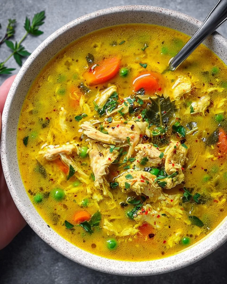 A bowl of anti-inflammatory turmeric chicken soup garnished with herbs