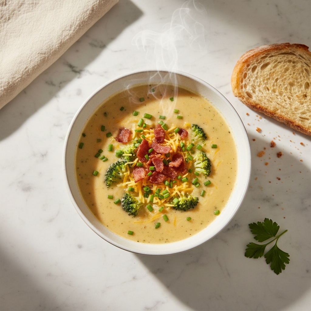 Loaded Broccoli Cheddar Soup with crusty bread, overhead view.