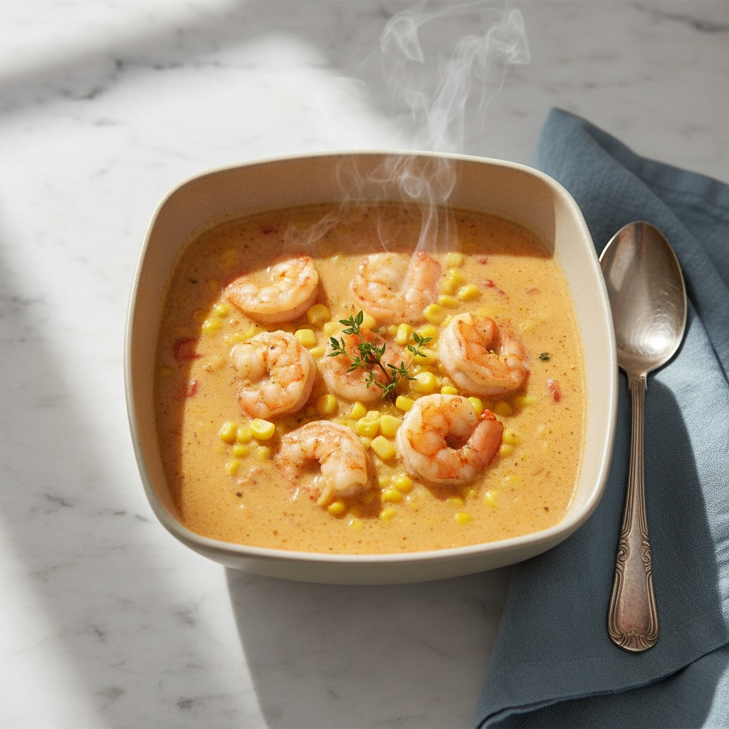 Delicious Creamy Cajun Shrimp and Corn Soup, overhead shot