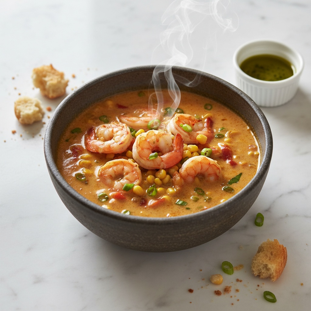Savory Creamy Cajun Shrimp and Corn Soup, 45-degree angle
