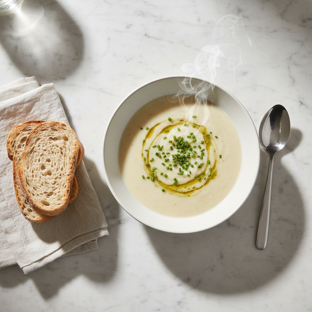 Delicious White Cheddar Cauliflower Soup flatlay with fresh chives.