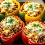 Delicious classic stuffed peppers filled with savory ingredients for a cozy meal.