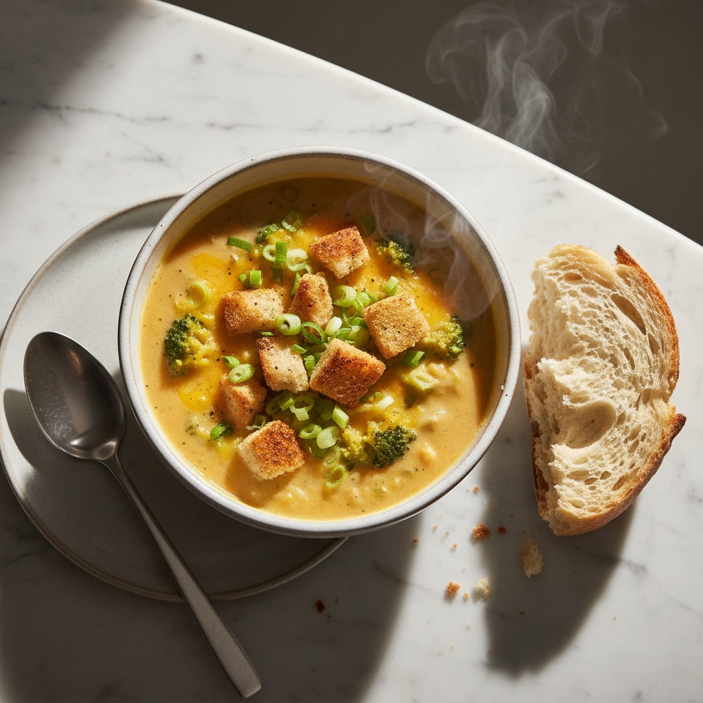 Loaded Broccoli Cheddar Soup with crusty bread at a 45-degree angle.