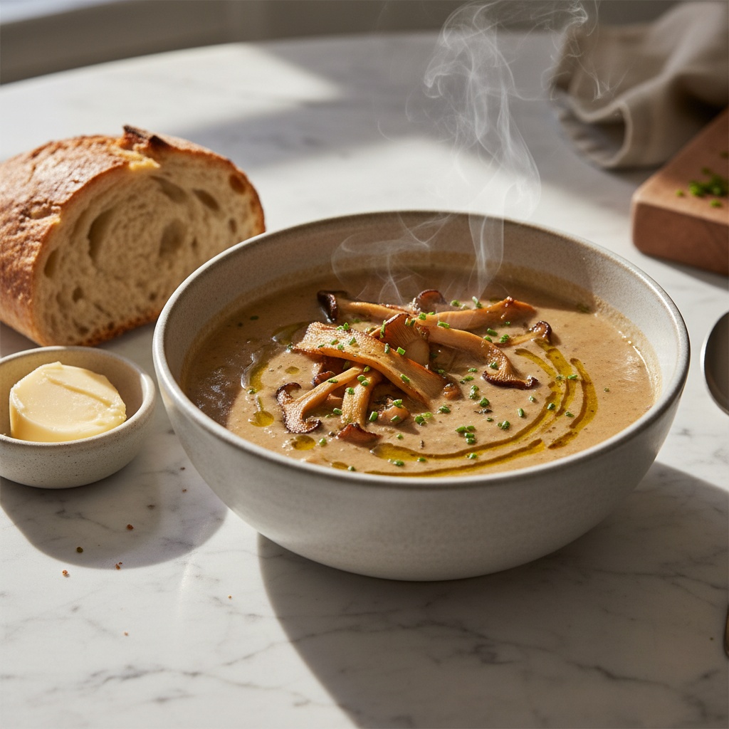 Cream of Mushroom & Wild Rice Soup, served with artisan bread.