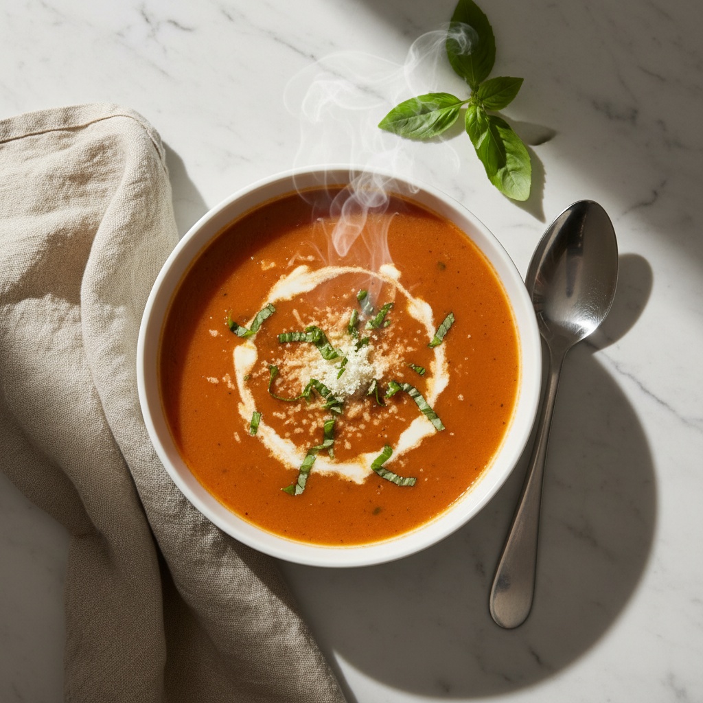 Delicious Creamy Tomato Basil Parmesan Soup in a white bowl.